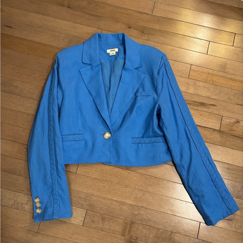 JASON WU azure blue cropped linen blend blazer jacket size medium